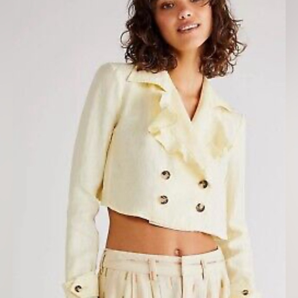 Free People Bennie 100% Linen Cropped Jacket Yellow